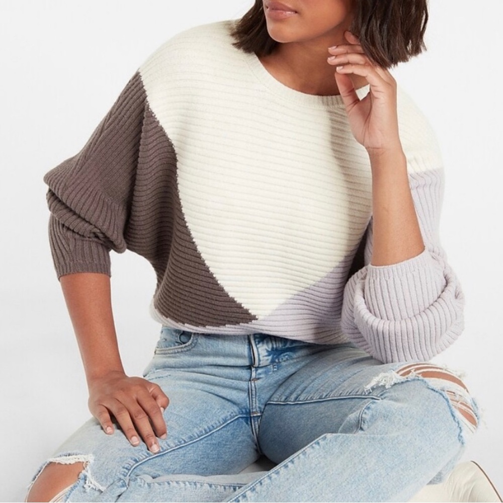 Express Color Block Ribbed Dolman Sleeve Sweater Purple White Size Small